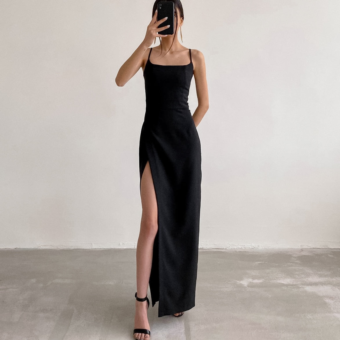 Long Slip Black Spaghetti Strap Dresses